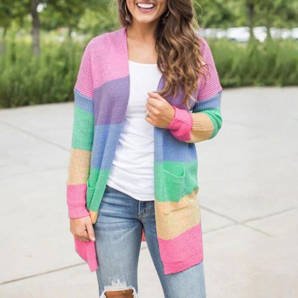 

women's knits & tees cardigan coat womens rainbow color block striped sweater casual long women warm knitted female loose autumn, White