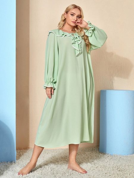 

plus tie neck ruffle trim flounce sleeve sleep dress h68w#, Black;white