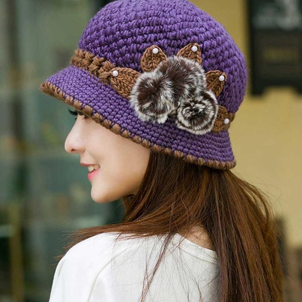 

beanies autumn winter fedoras women hat earmuffs wool cap pretty knitted hats female fashion flowers decorated