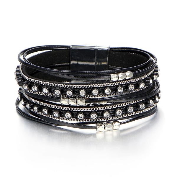 

bohemian leather bracelets for women multi layer wrap bracelet white rhinestone beads charm crystal magnetic buckle bangle femme, Golden;silver