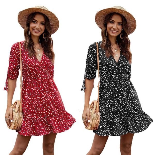 

party dresses 2021 women v-neck dress flounced edge elegant sweet regular a-line print, White;black