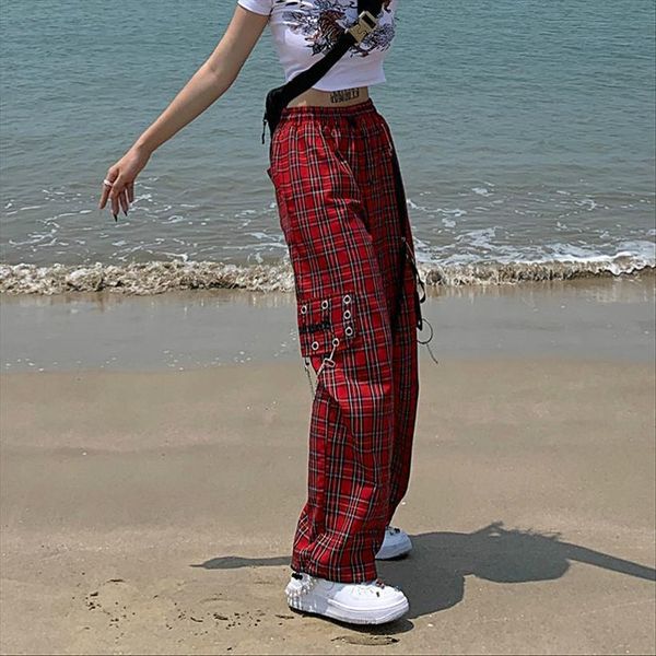 

aesthetic punk korean plaid women capri harajuku streetwear wide leg cargo hip hop chain trousers y2k, Black;white