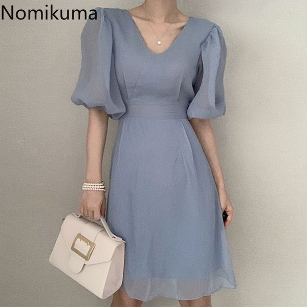 Номикума Корейский элегантное мини-платье женщины V шеи слоеные рукавы платья летом мода тонкий талии шнуровки шикарные Vestidos Mujer 210514