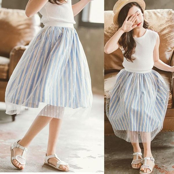 

skirts mesh patchwork teenage clothes for kids girl blue striped little skirt summer spring autumn 2021 children clothing
