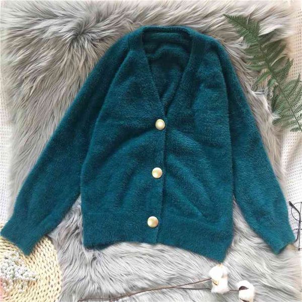 

imitation mink cashmere korean version of the solid color wild single-breasted mohair sweater knitted cardigan women 210427, White;black