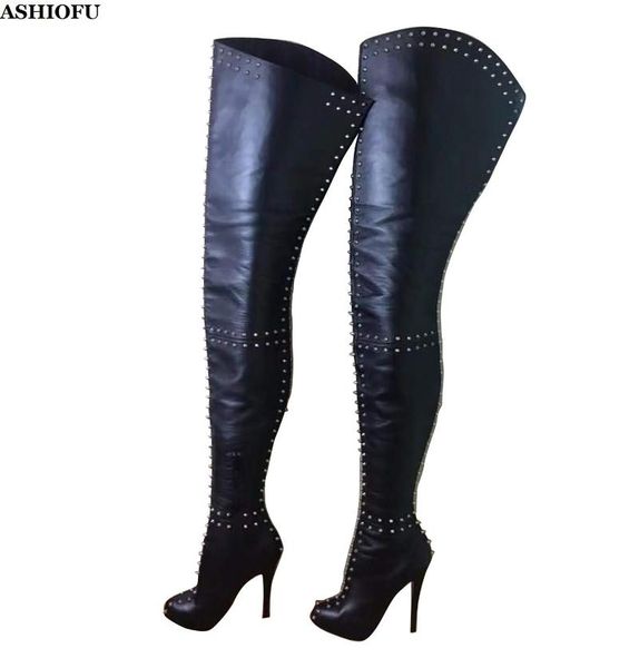 

boots ashiofu handmade women thigh high rivets spikes night-club over knee winter evening fashion boot shoes, Black