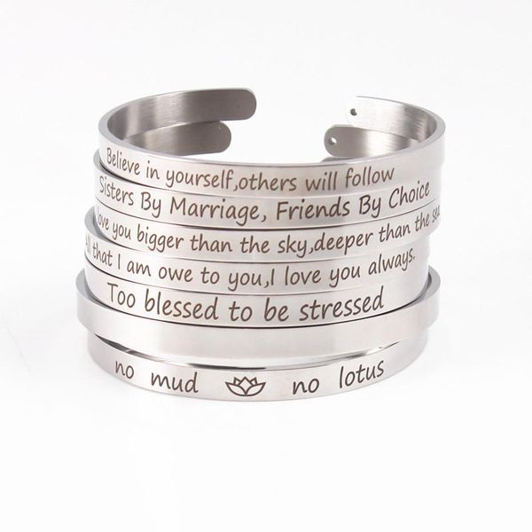 

bangle 6mm silver stainless steel engraved positive inspirational quote hand imprint cuff mantra bracelets for women gifts, Black