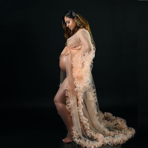 

coral maternity robe po shoot outfits bridal fluffy tulle pregnancy clothes ruffles dress gown casual dresses, Black;gray