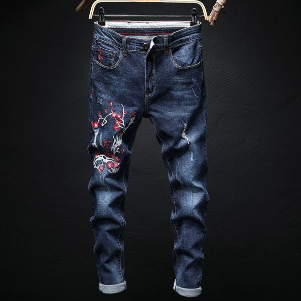 

men's jeans personality embroidered flower for young men slim stretch straight-leg trousers, into the trendy clothing, Blue