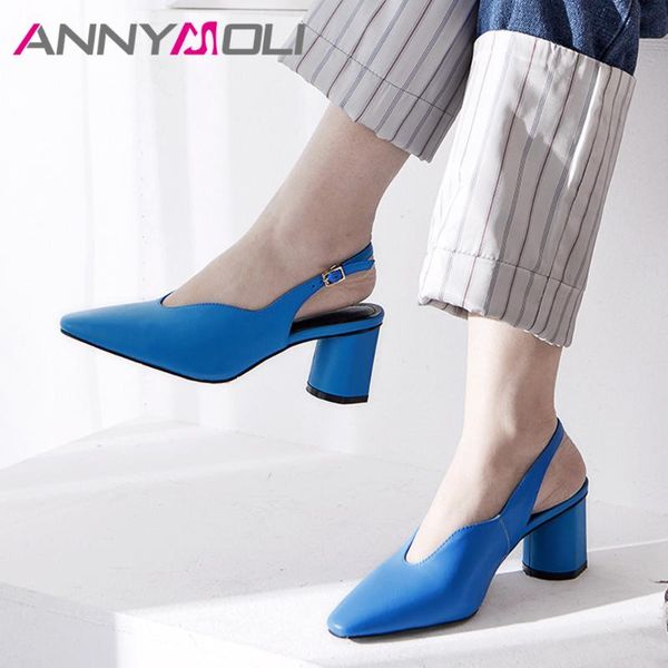 

women slingbacks shoes high heels natural genuine leather block real square toe pumps big size 3 43 dress, Black