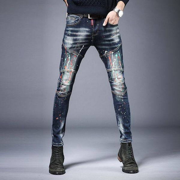 

men's jeans spliced biker jean homme hip hop pant skinny men american streetwear fashion paint designer elastic punk trousers, Blue
