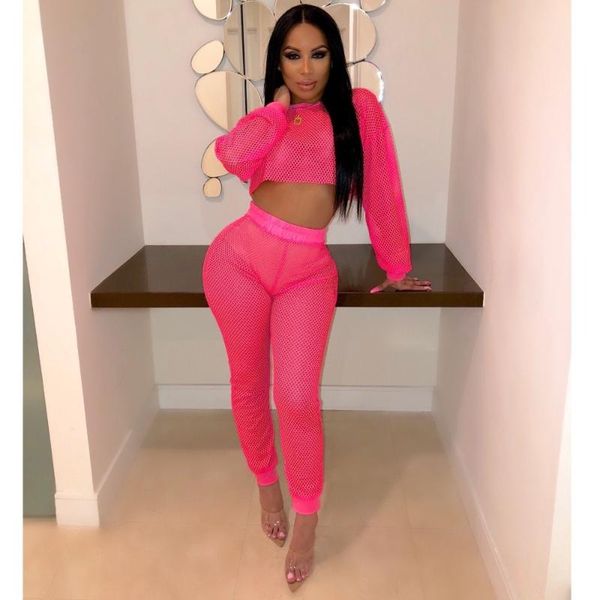 

style fashion hollow out hole see through o-neck short pants midriff-baring solid color full sleeve women suits women's two piece, White