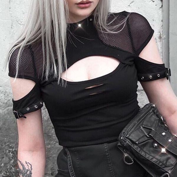 

women's t-shirt rosetic streetwear fashion tshirts women cut out mesh see through rivet punk tees summer casual teeshirts, White
