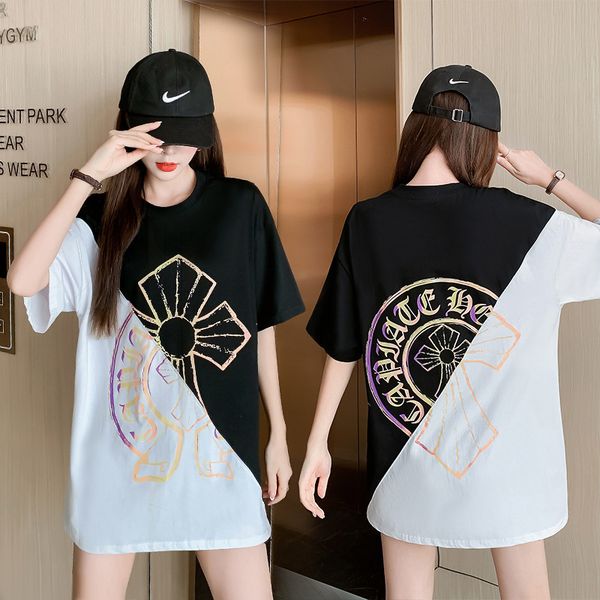 

crosin 2021 spring summer new black and white contrast stitching cross loose medium length short sleeve casual t-shir