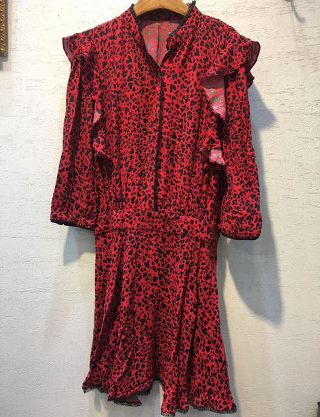 

casual dresses red leopard print short dress stand collar with black lace long sleeves ruffled fashion woman, Black;gray