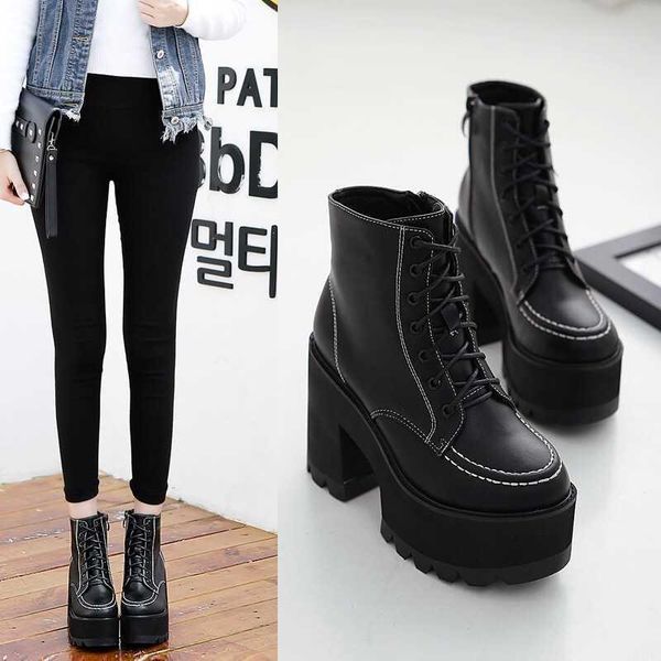 

motorcycle boots women's shoes 2021 autumn/winter platform with thick soles 10cm british style tie 11cm, Black