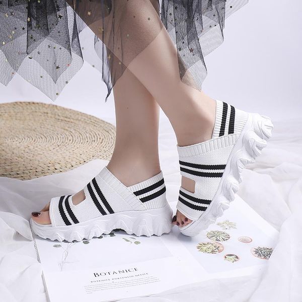 

summer comfortable and versatile breathable women's sandals thick bottom one pedal sports mesh elastic woven suede z593, Black