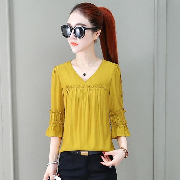 

women spring summer style chiffon blosues shirts lady casual short flare sleeve v-neck blusas zz0309 women's blouses &, White