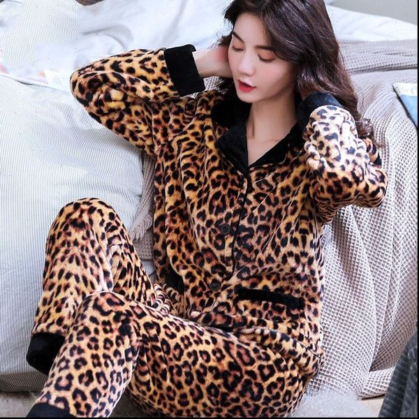 

thick warm leopard pajamas sets womens sleepwears flannel winter coral velvet home clothing cartoon animal pants, Black;red
