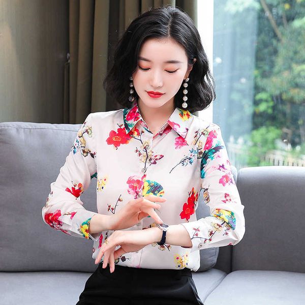 

korean fashion silk women blouses office lady satin shirt and blouse floral long sleeve womens plus size xxl 210531, White