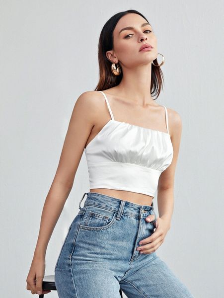 

ruched bust satin crop cami e740#, White