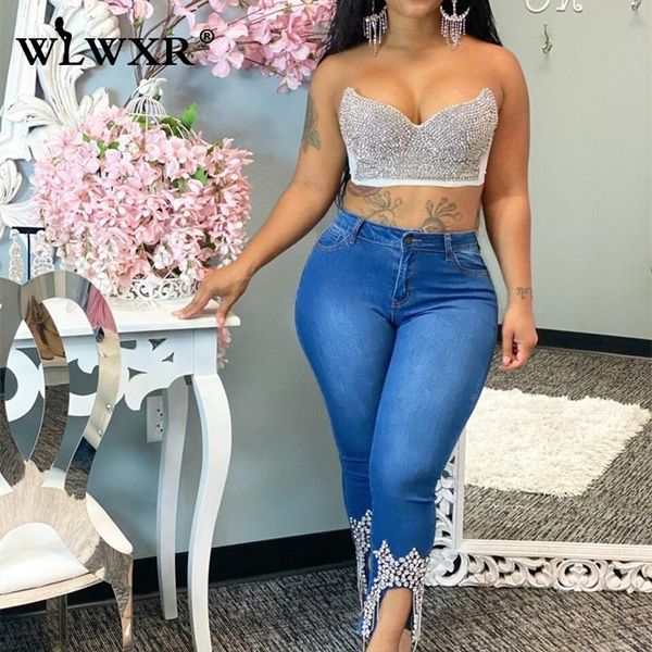 

winter streetwear high waist skinny denim jeans women diamond trousers female split pants blue ladies tight women's & capris, Black;white
