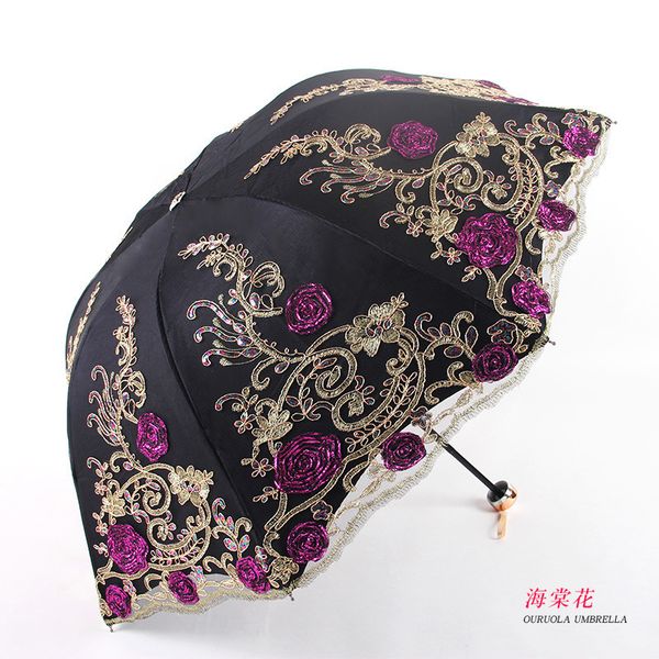 

aurora three fold lace double layer embroidery begonia flower black glue anti ultraviolet sun sunny gift umbrella