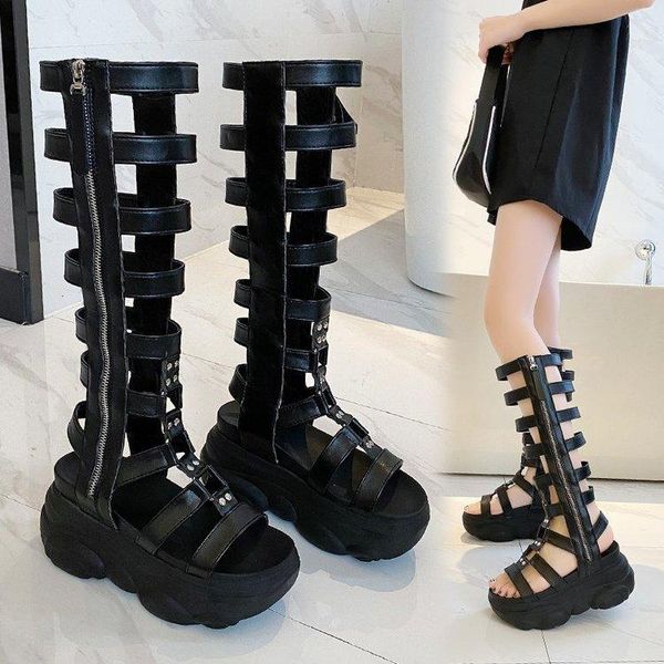 

boots 2021 one line buckle pu high heel muffin sandals summer women, Black