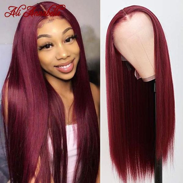 

lace wigs ali annabelle 4x4 closure wig burgundy 99j front pre plucked straight human hair red colored, Black;brown