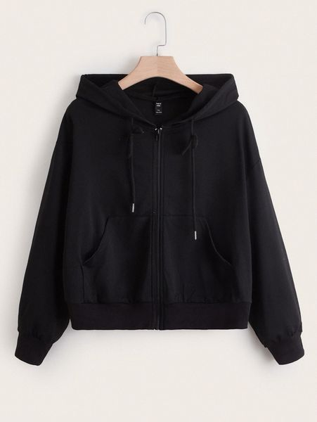 

plus drop shoulder drawstring zipper hoodie y4oo#, Black