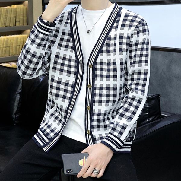 

men's sweaters knitting cardigan men 2021 vintage plaid single breasted long sleeve coat male clothing fashion slim v-neck, White;black