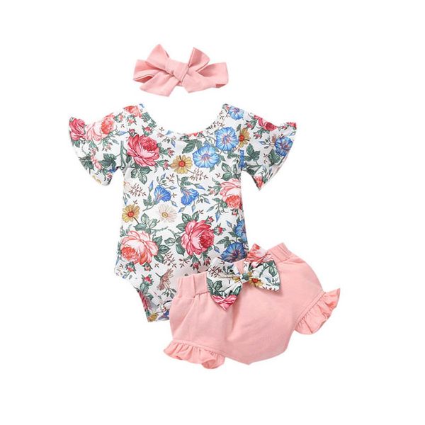 

infant clothing sets girls outfits baby clothes children kids flower short sleeve jumpsuit rompers chiffon print t-shirt shorts three-piece, White