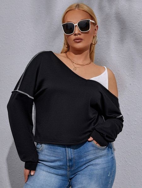 

plus stitching asymmetrical neck drop shoulder sweatshirt s8ux#, Black