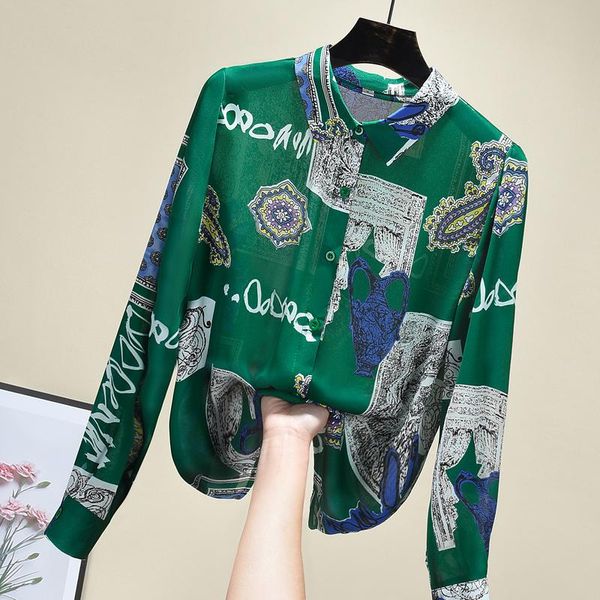 

long sleeve chiffon blouse 2021 spring vintage green print shirt women modis elegant women's blouses & shirts, White