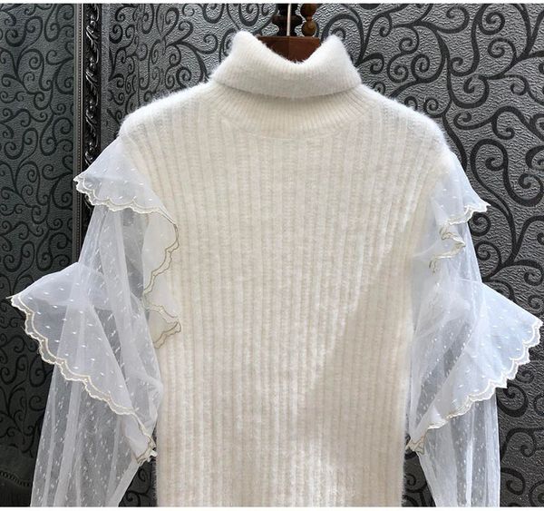 

dresses turtleneck sweater early spring women see through mesh patchwork casual black white knitted pullover lady, Black;gray