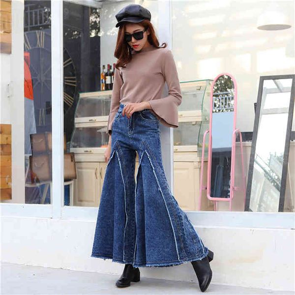 

autumn high waist flare pants burrs big foot flared casual long jeans women wide leg slim hip denim boot cuts, Blue