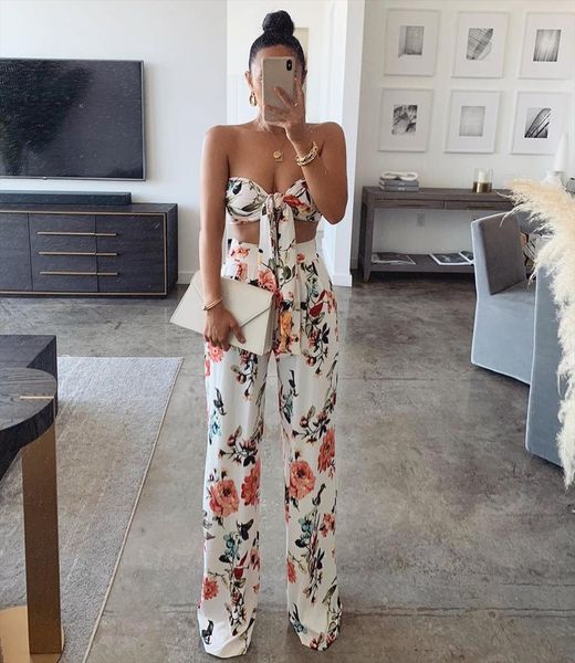 

fashion two piece sets summer womens tracksuits outfits flower print lace up tube and high waist long pants, Gray