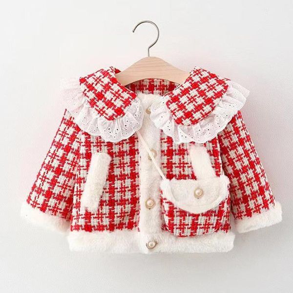 

jackets girls winter jacket plaid turn-down collar plus velvet heavyweight warm children outwear clothing year kids coats, Blue;gray