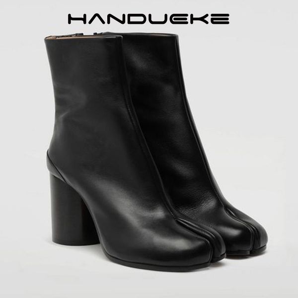 

boots brand design fashion split toe genuine leather women chunky round high heels winter tabi shoes short, Black