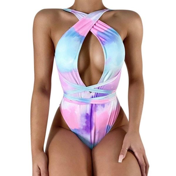 

one-piece suits women swimming summer fashion one piece halter deep-v neck swimsuits bandage printed gradient tie bikini swimwear