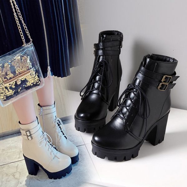 

big small size 34 to 40 41 42 43 casual style beige lace up platform chunky heel motocycle booties black brown