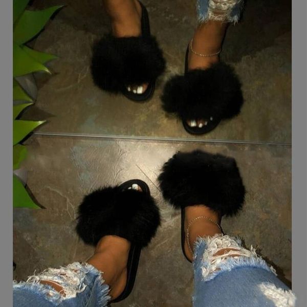 

female summer fur slippers real raccoon luxury plush lovely flip flops flat slides, Black