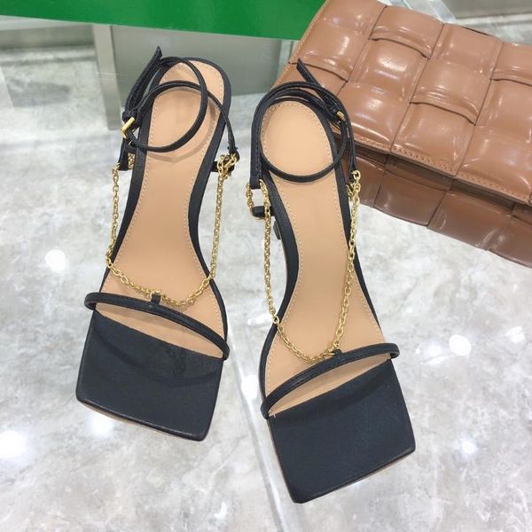 

sandals multi-color square toe high heel genuine leather chain dermis lining, Black