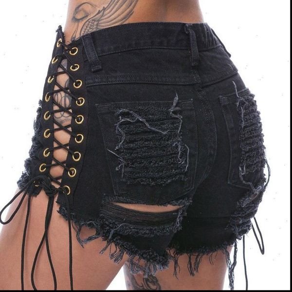 

denim shorts women short jeans ripped hole solid black lace up casual pocket plus size summer, White;black