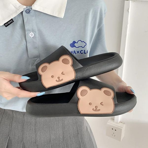 

slippers women and men home lovely cartoon ins bear thick bottom cool bathroom bath antiskid, Black