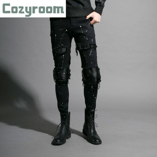 

autumn men street fashion holes jeans harajuku style personality spray paint trousers tide brand hip hop black pencil pants men's