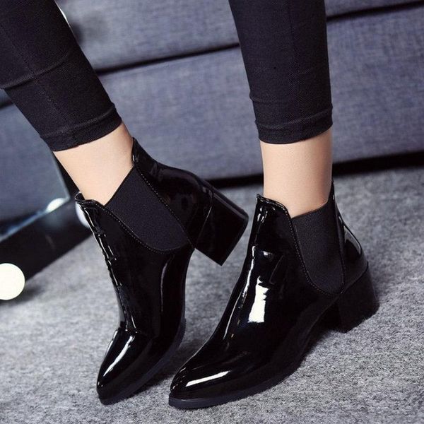 

boots arrival fashion shoes women elasticated patent leather ankle pointed low heel female sexy, Black