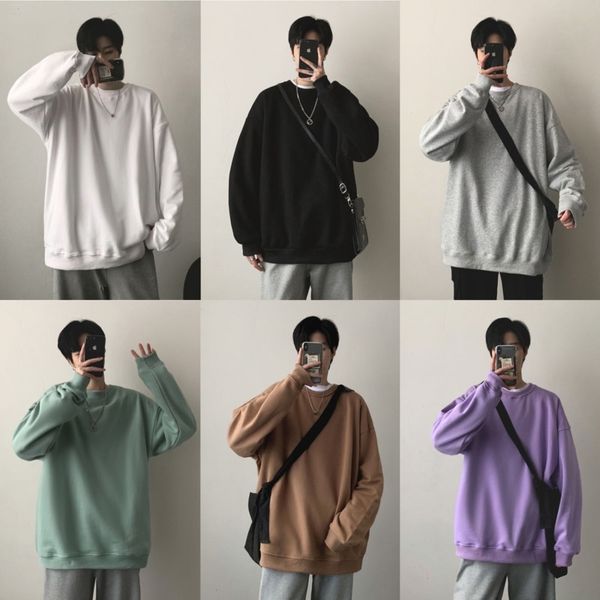 

men's t-shirts spring o-neck hoodie fashion solid color casual sweatshirt men streetwear korean loose hip-hop pullover hoodies men, White;black