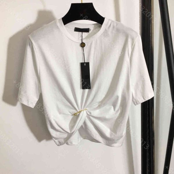 

21ss designer clothes women cotton t shirt short slim slimming pure color simple short-sleeved t-shirt graphic pack pullover metal knot deco, White