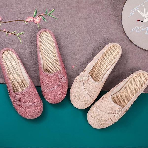 

yuan embroidery summer casual slides women flax slippers chinese flowers platform sandals flip flops indoor shoes, Black